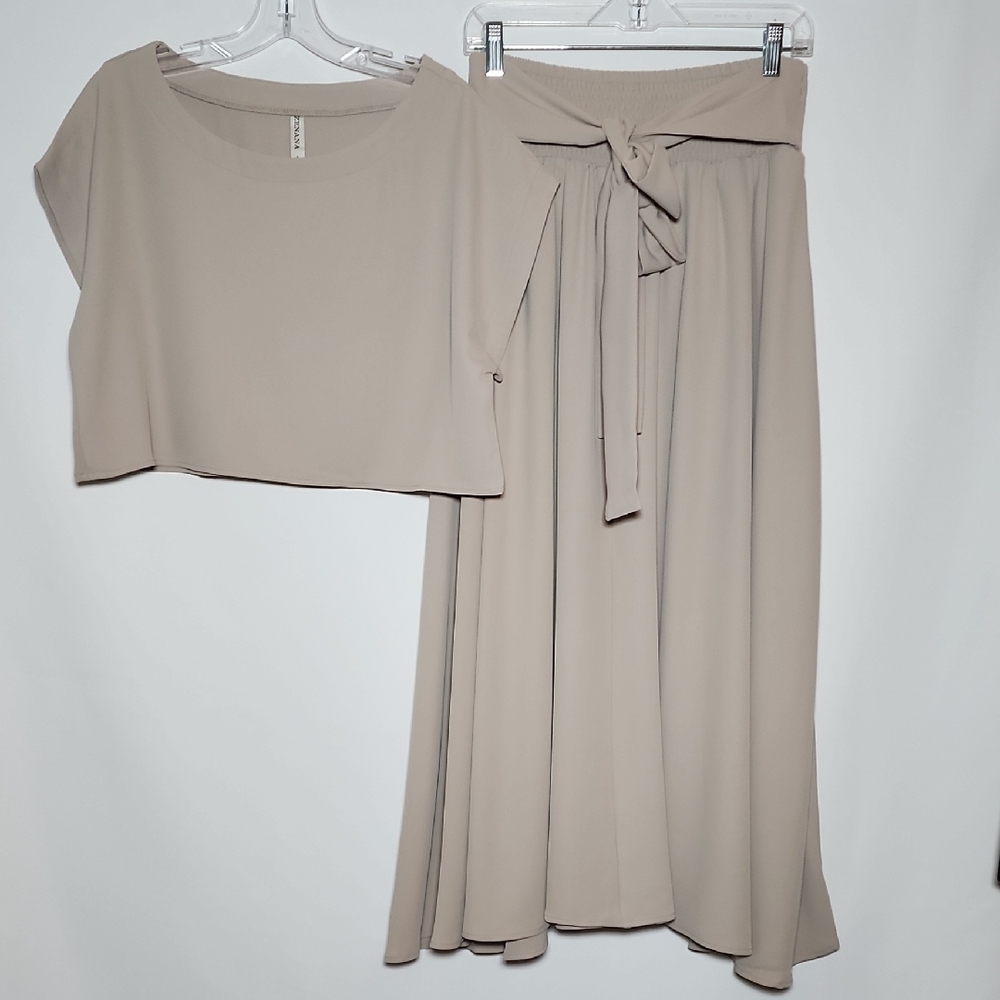 Zenana 2 Piece Crop Top and Tie-Waist Maxi Skirt Set Ash Mocha - Picture 1 of 8